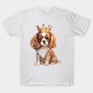 Watercolor Cavalier King Charles Spaniel Dog Wearing a Crown T-Shirt